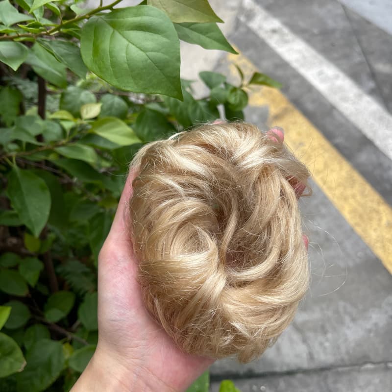 100% human hair bun scrunchie, color 16#, outdoor natural-light photo 1