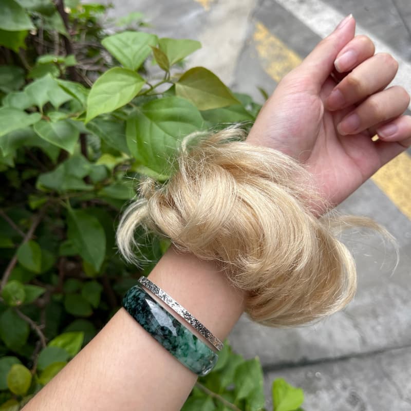 100% human hair bun scrunchie, color 16#, outdoor natural-light photo 6