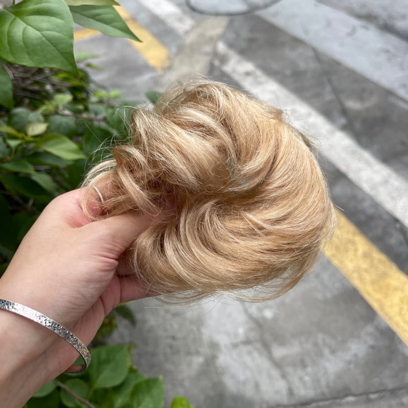 100% human hair bun scrunchie, color 19#, outdoor natural-light photo 3