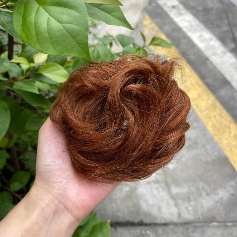 100% human hair bun scrunchie, color 30#, outdoor natural-light photo 1