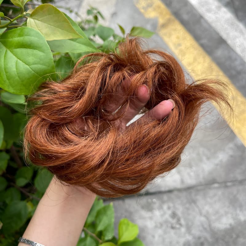 100% human hair bun scrunchie, color 30#, outdoor natural-light photo 4