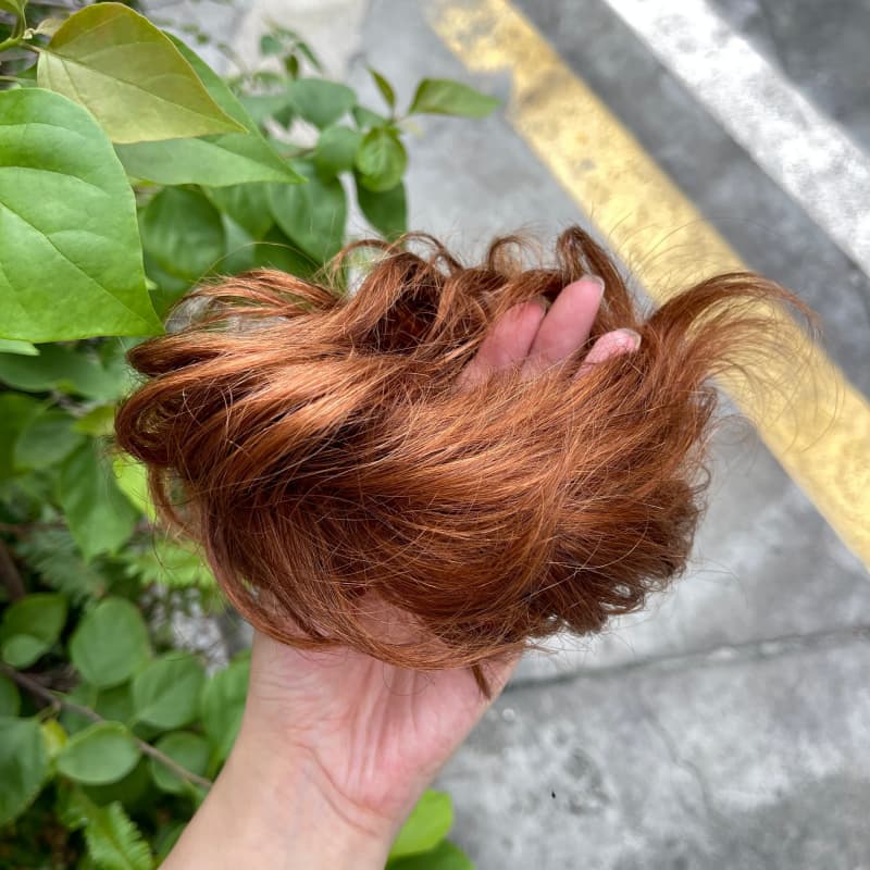 100% human hair bun scrunchie, color 30#, outdoor natural-light photo 5