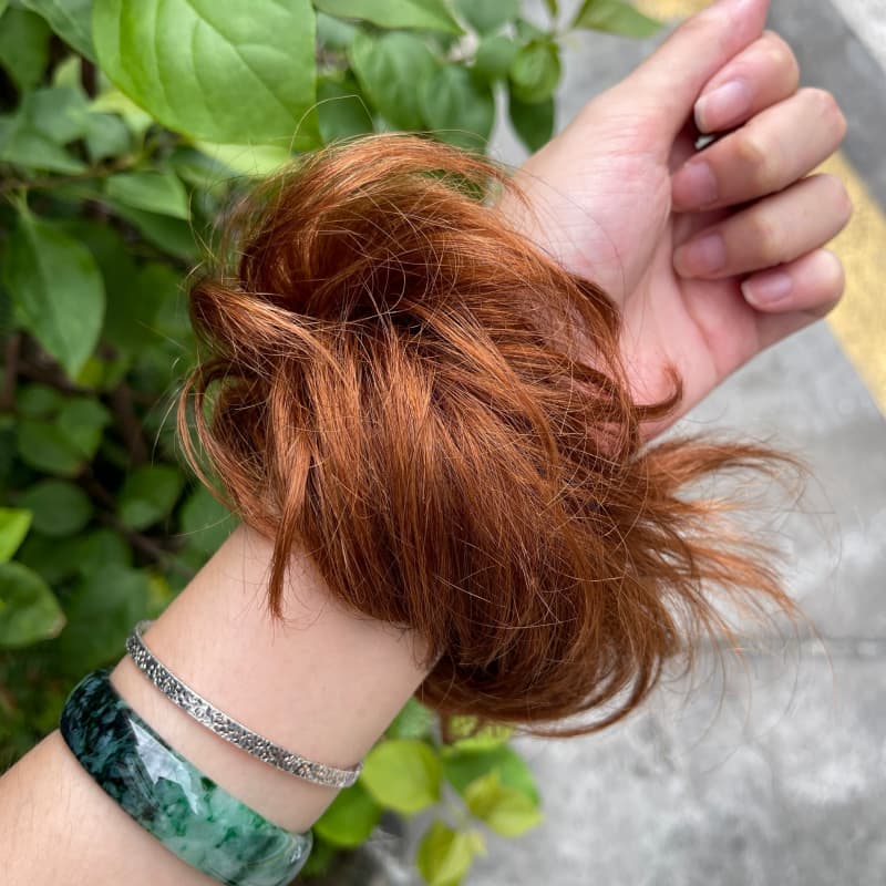 100% human hair bun scrunchie, color 30#, outdoor natural-light photo 6