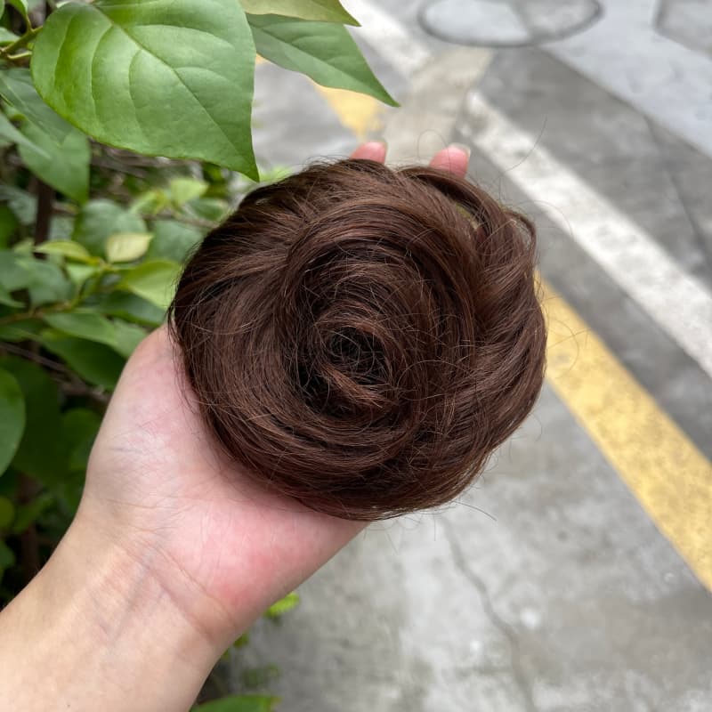 100% human hair bun scrunchie, color 4#, outdoor natural-light photo 1