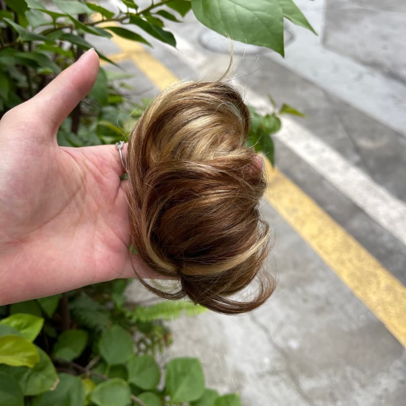100% human hair bun scrunchie, color 4-27, outdoor natural-light photo 2
