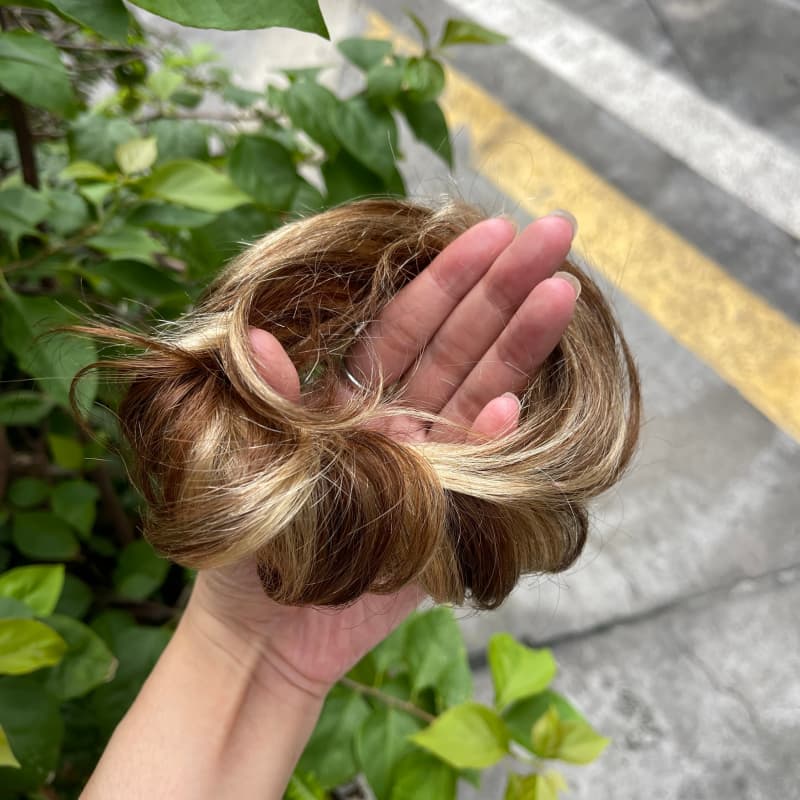 100% human hair bun scrunchie, color 4-27, outdoor natural-light photo 6