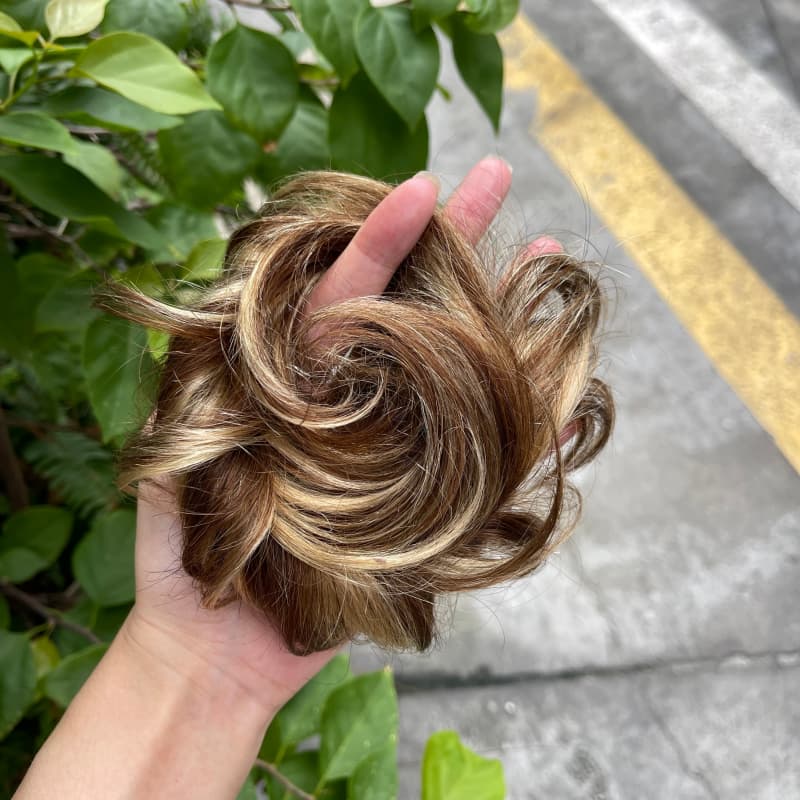 100% human hair bun scrunchie, color 4-27, outdoor natural-light photo 7