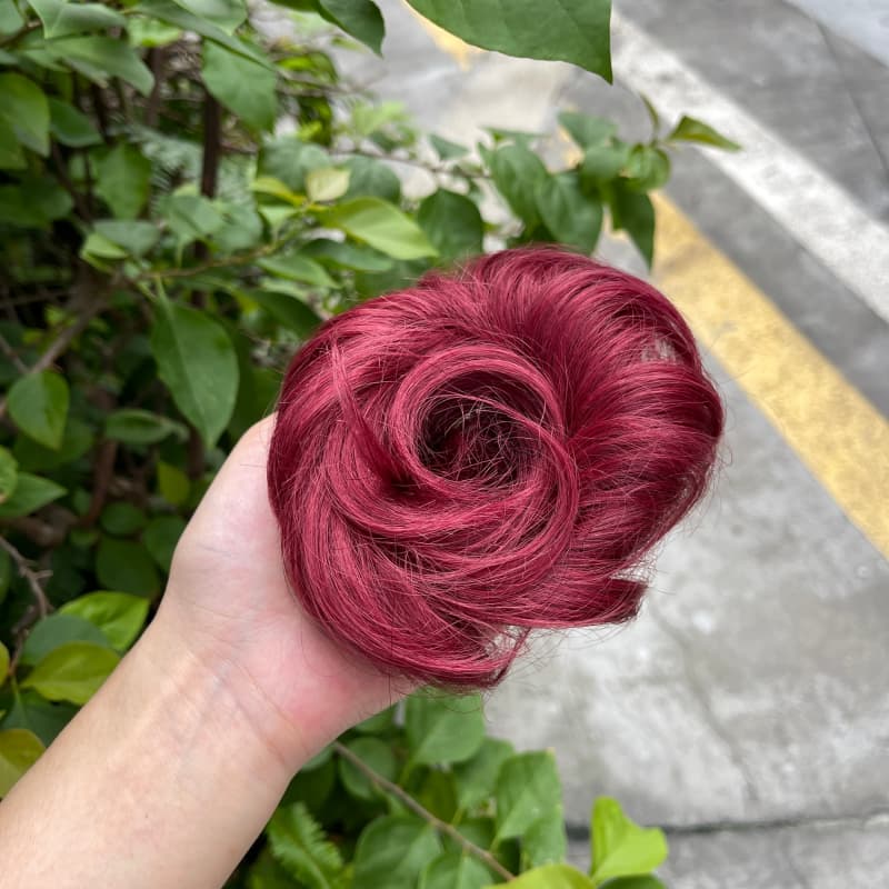 100% human hair bun scrunchie, color 99J#, outdoor natural-light photo 2