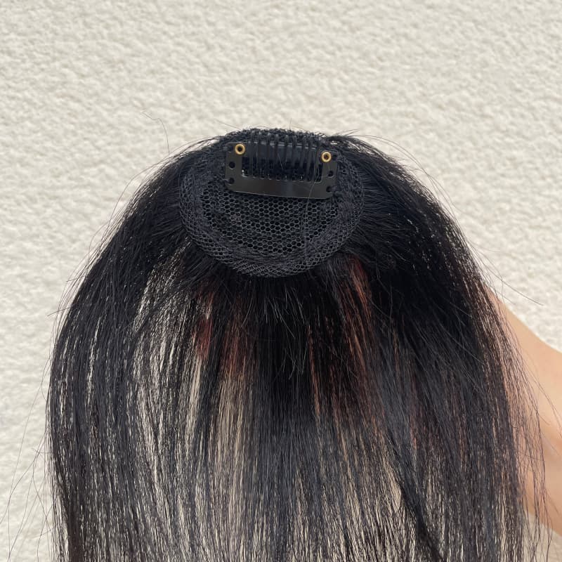 #1 jet black fringe hairpiece compact mesh base and single clip detail