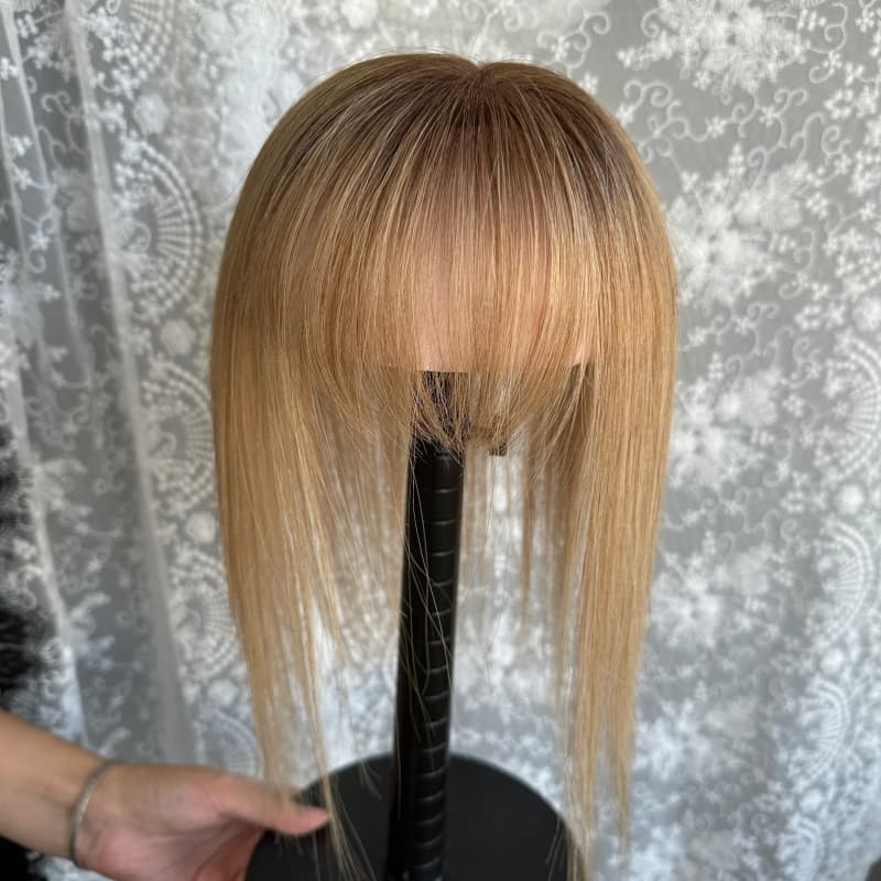 Rooted Brown Ombre #T8 human hair topper, 8 × 10 cm lace base base, 30 cm straight with bangs hair - product view 1