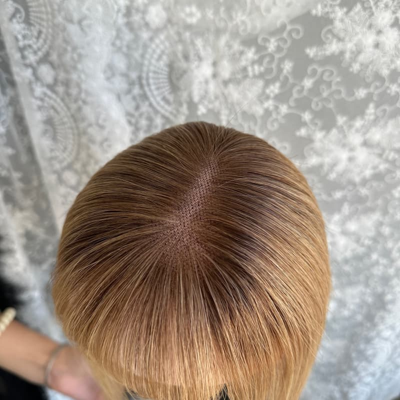 Rooted Brown Ombre #T8 human hair topper, 8 × 10 cm lace base base, 30 cm straight with bangs hair - product view 2
