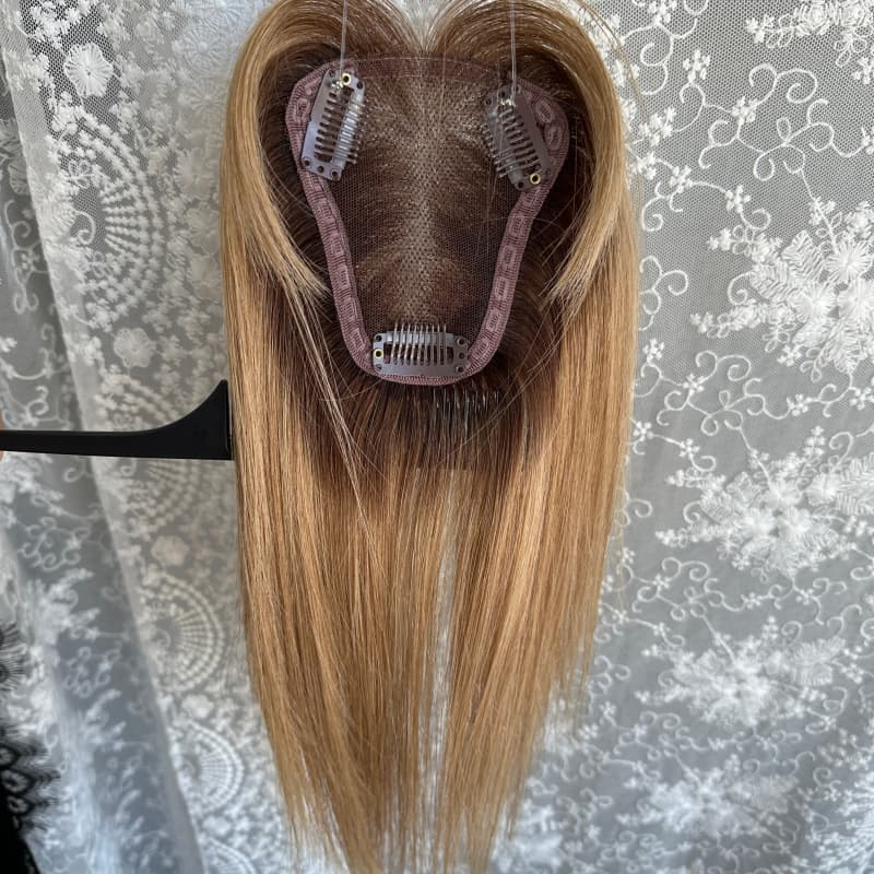 Rooted Brown Ombre #T8 human hair topper, 8 × 10 cm lace base base, 30 cm straight with bangs hair - product view 3