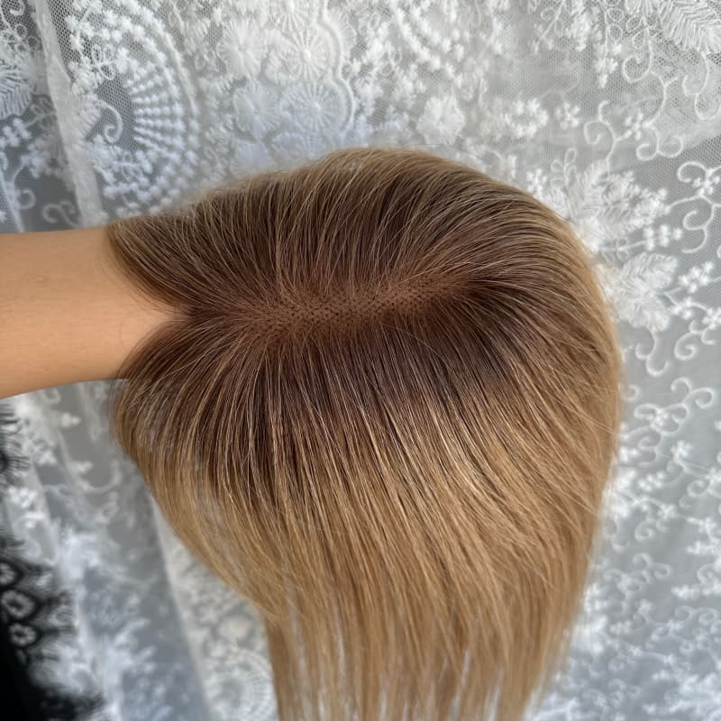Rooted Brown Ombre #T8 human hair topper, 8 × 10 cm lace base base, 30 cm straight with bangs hair - product view 4