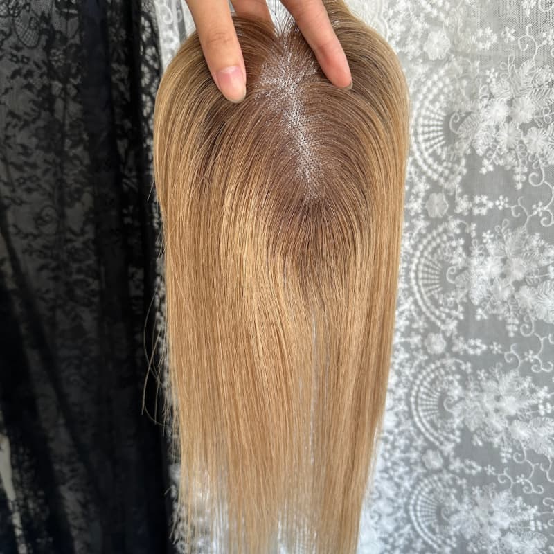 Rooted Brown Ombre #T8 human hair topper, 8 × 10 cm lace base base, 30 cm straight with bangs hair - product view 5