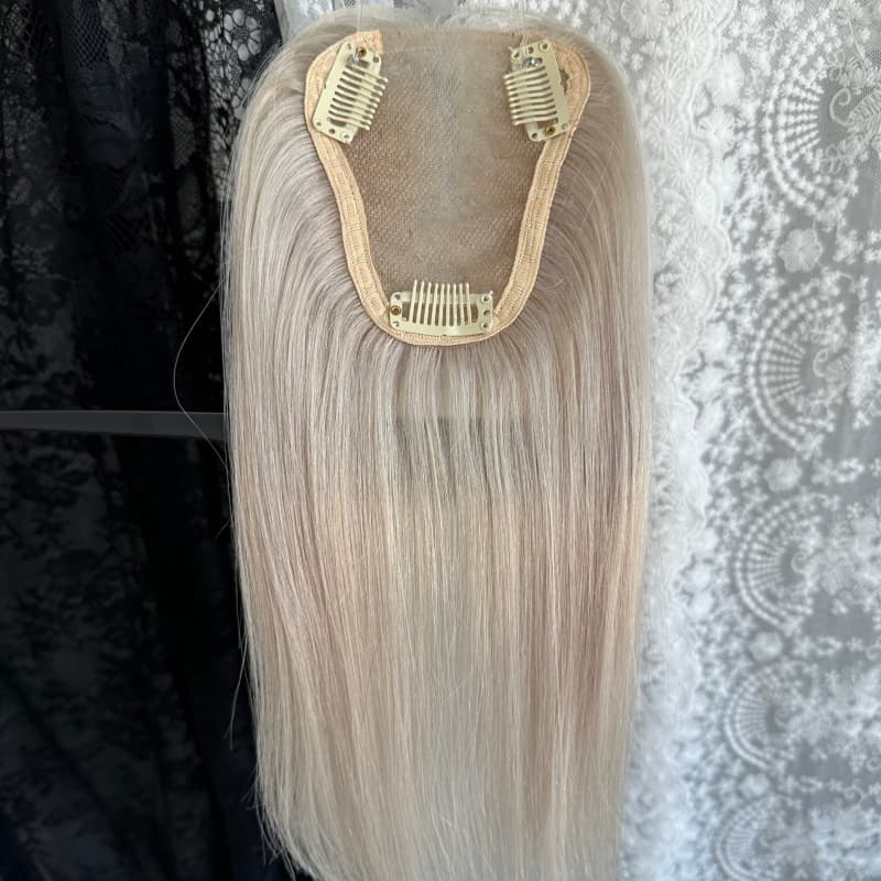 Beige Gray human hair topper, 8 × 10 cm lace base base, 30 cm straight hair - product view 5