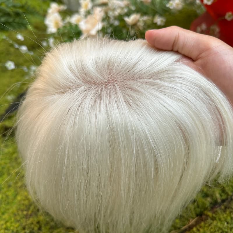 #60 White Platinum human hair topper, 9 × 12 cm lace base base, 25 cm straight with bangs hair - product view 2