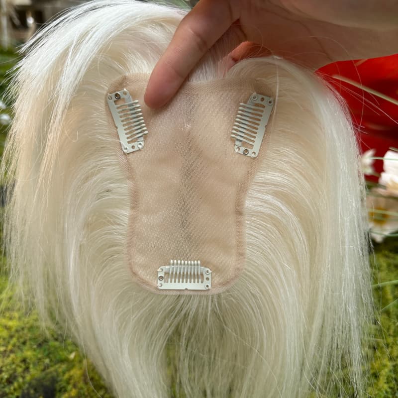 #60 White Platinum human hair topper, 9 × 12 cm lace base base, 25 cm straight with bangs hair - product view 4