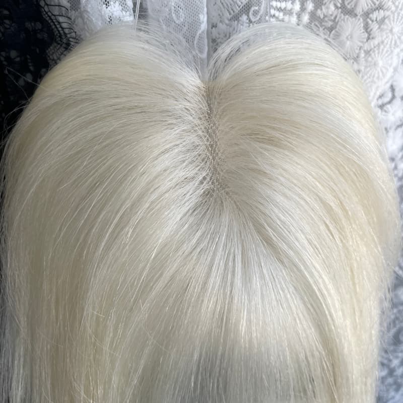 #60 White Platinum human hair topper, 9 × 12 cm lace base base, 25 cm straight with bangs hair - product view 5
