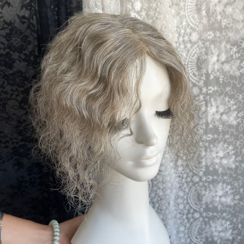 Gray human hair topper, 9 × 12 cm lace base base, 25 cm curly with bangs hair - product view 1