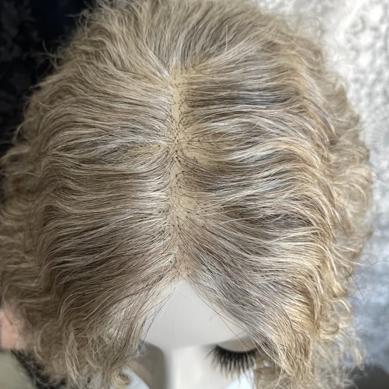 Gray human hair topper, 9 × 12 cm lace base base, 25 cm curly with bangs hair - product view 2