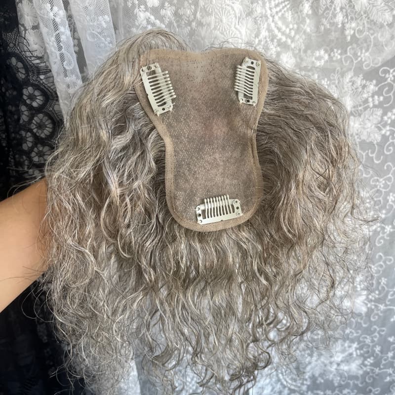 Gray human hair topper, 9 × 12 cm lace base base, 25 cm curly with bangs hair - product view 3