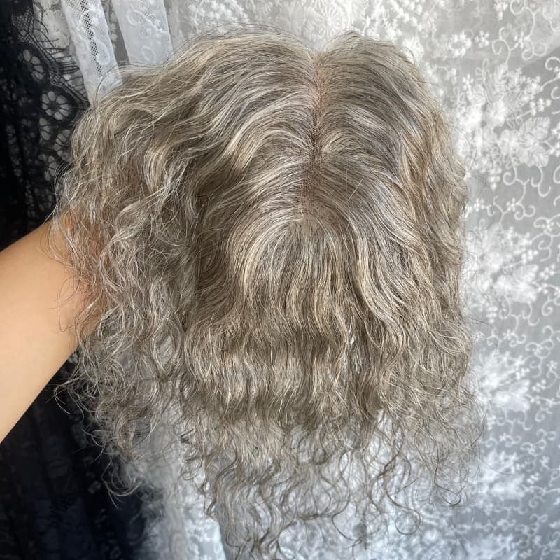 Gray human hair topper, 9 × 12 cm lace base base, 25 cm curly with bangs hair - product view 4