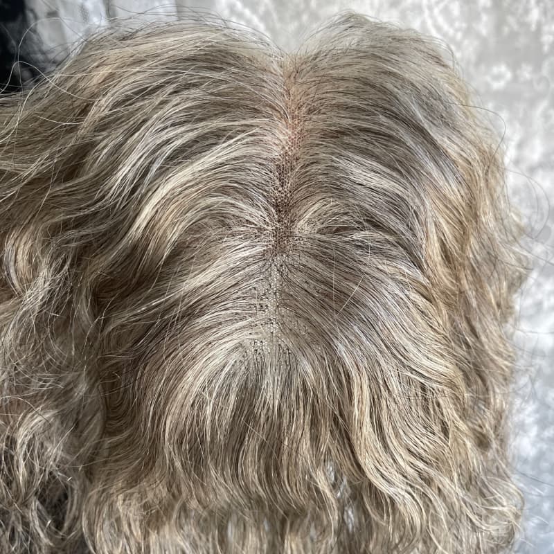 Gray human hair topper, 9 × 12 cm lace base base, 25 cm curly with bangs hair - product view 5