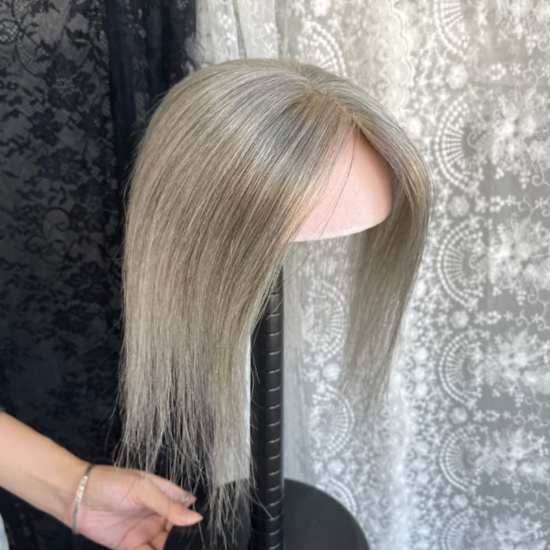Gray human hair topper, 9 × 12 cm lace base base, 25 cm straight hair - product view 1