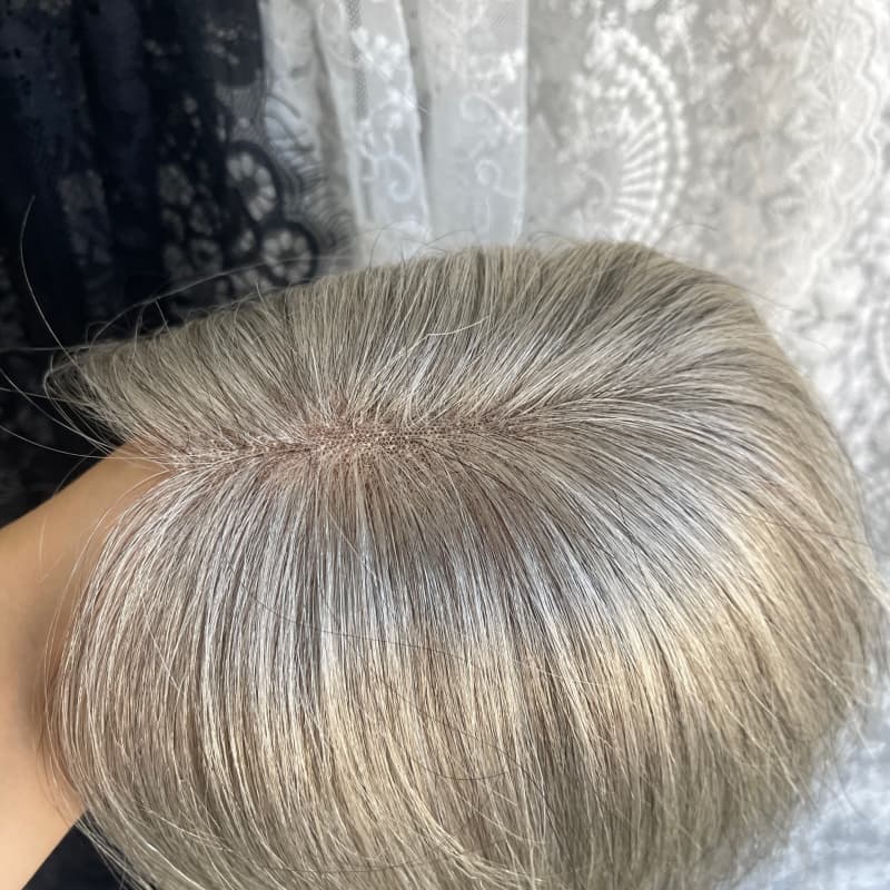 Gray human hair topper, 9 × 12 cm lace base base, 25 cm straight hair - product view 5