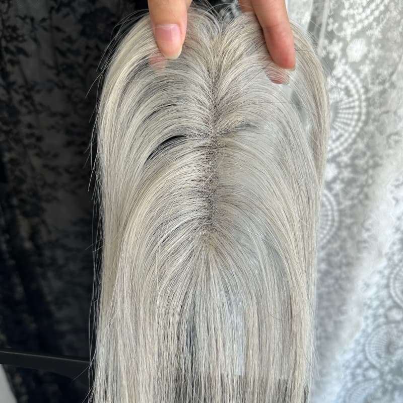 Gray human hair topper, 2 × 12 cm ultra-thin lace base, 25 cm straight hair - product view 1