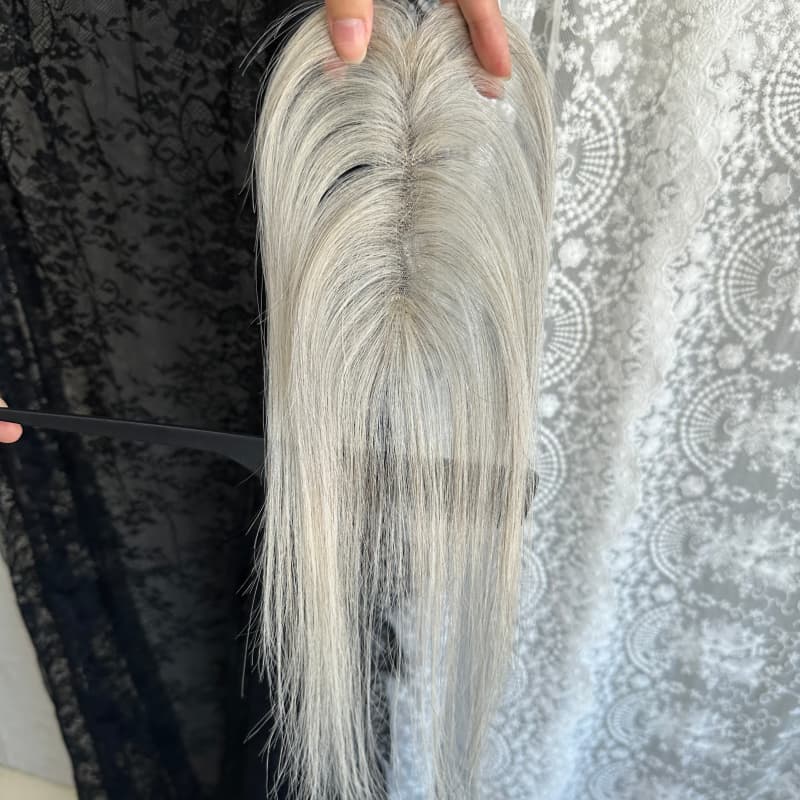 Gray human hair topper, 2 × 12 cm ultra-thin lace base, 25 cm straight hair - product view 2