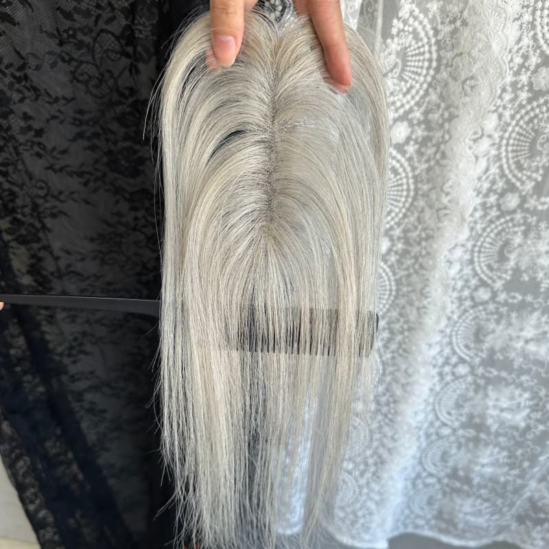 Gray human hair topper, 2 × 12 cm ultra-thin lace base, 25 cm straight hair - product view 3