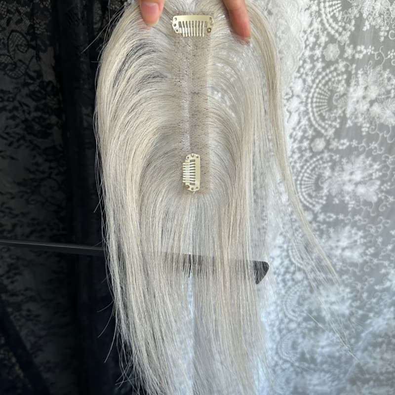 Gray human hair topper, 2 × 12 cm ultra-thin lace base, 25 cm straight hair - product view 4