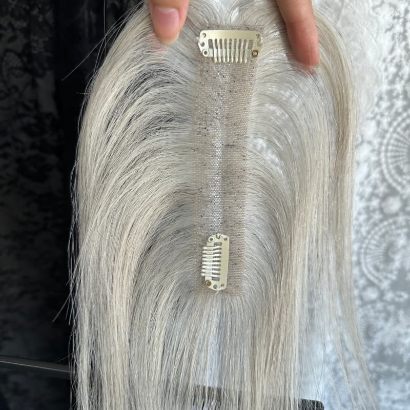 Gray human hair topper, 2 × 12 cm ultra-thin lace base, 25 cm straight hair - product view 5