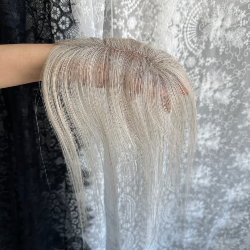 Gray human hair topper, 2 × 12 cm ultra-thin lace base, 25 cm straight hair - product view 6
