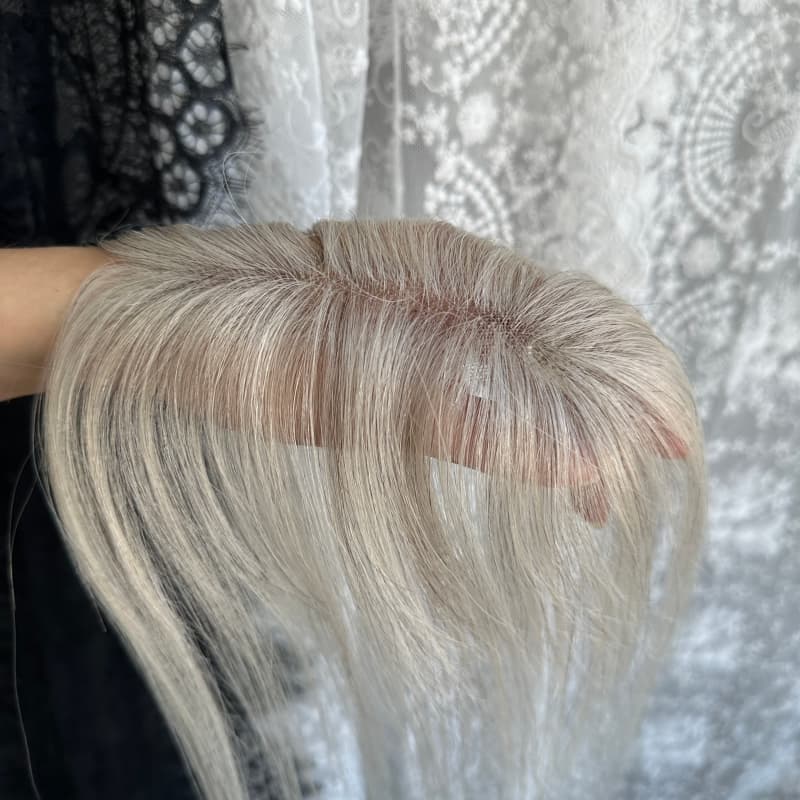 Gray human hair topper, 2 × 12 cm ultra-thin lace base, 25 cm straight hair - product view 7