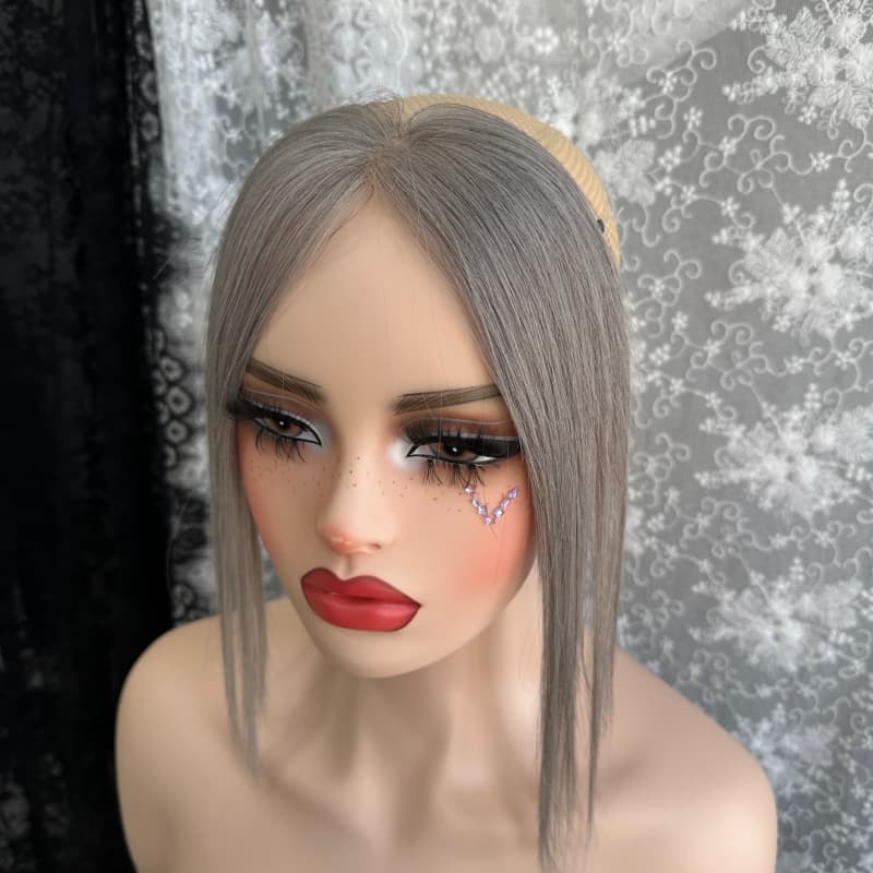 Gray human hair topper, 3 × 12 cm hd lace halo wire base, 25 cm straight hair - product view 1
