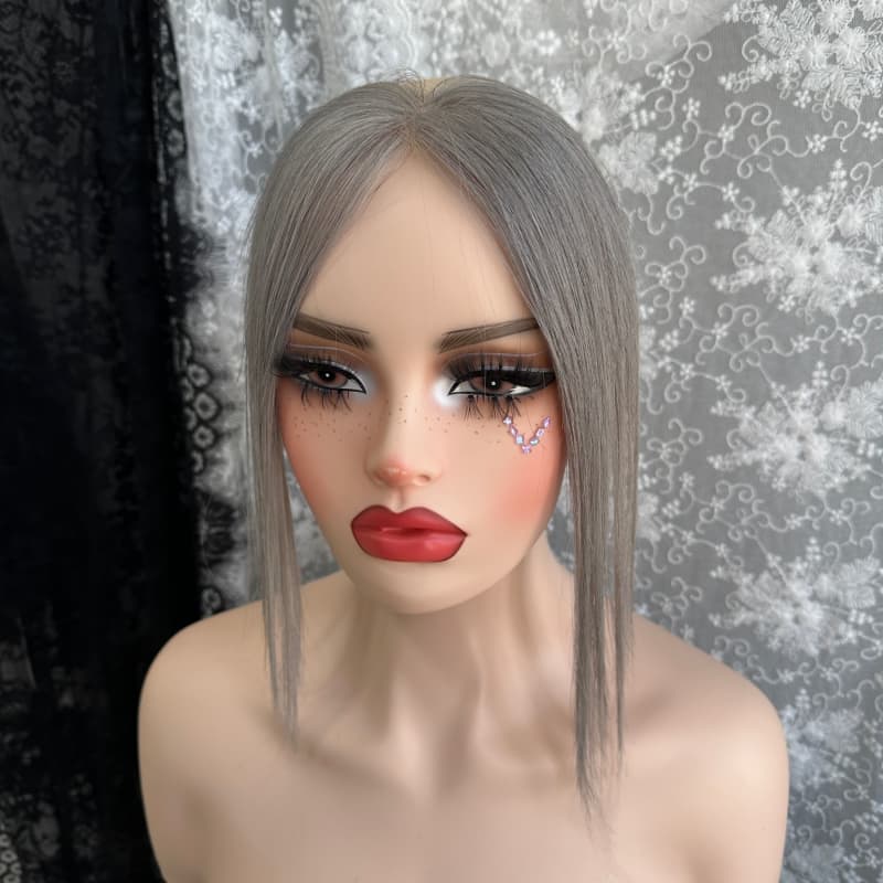 Gray human hair topper, 3 × 12 cm hd lace halo wire base, 25 cm straight hair - product view 2