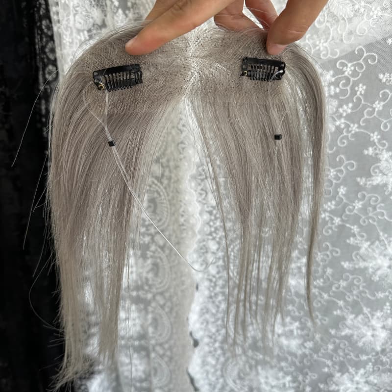Gray human hair topper, 3 × 12 cm hd lace halo wire base, 25 cm straight hair - product view 4