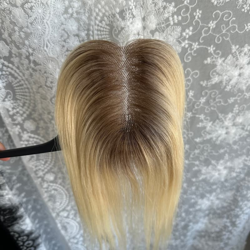Rooted Blonde #T613 human hair topper, 7 × 11 cm ultra-thin lace base, 25 cm straight hair - product view 2