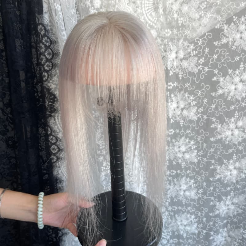 Platinum human hair topper, 8 × 11 cm lace base base, 30 cm straight with bangs hair - product view 1