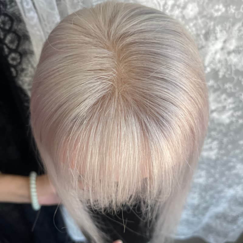 Platinum human hair topper, 8 × 11 cm lace base base, 30 cm straight with bangs hair - product view 2