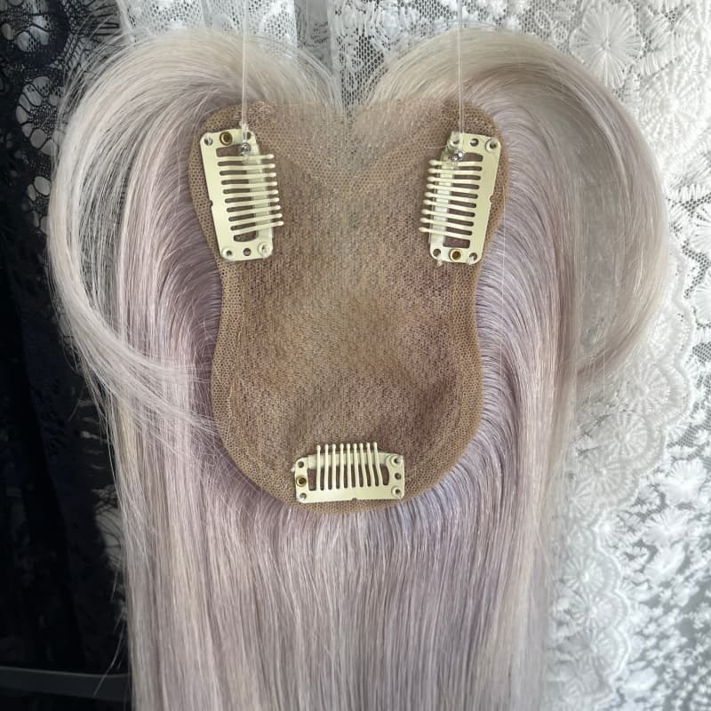 Platinum human hair topper, 8 × 11 cm lace base base, 30 cm straight with bangs hair - product view 3