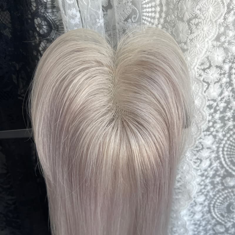 Platinum human hair topper, 8 × 11 cm lace base base, 30 cm straight with bangs hair - product view 4