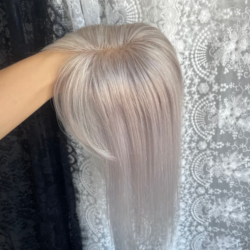 Platinum human hair topper, 8 × 11 cm lace base base, 30 cm straight with bangs hair - product view 5