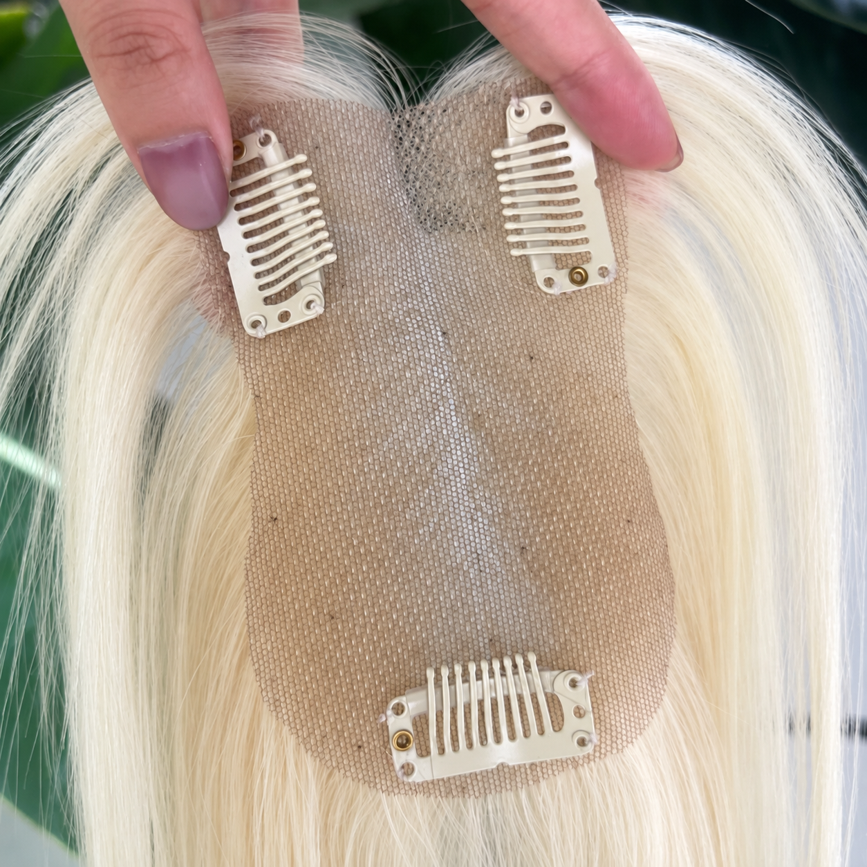 613 blonde human hair topper 7 by 11 cm hand-tied lace base and three clips