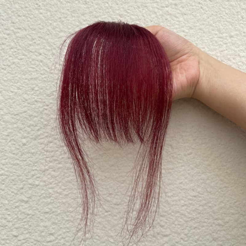 #99J burgundy human hair clip-in bangs with face-framing side strands