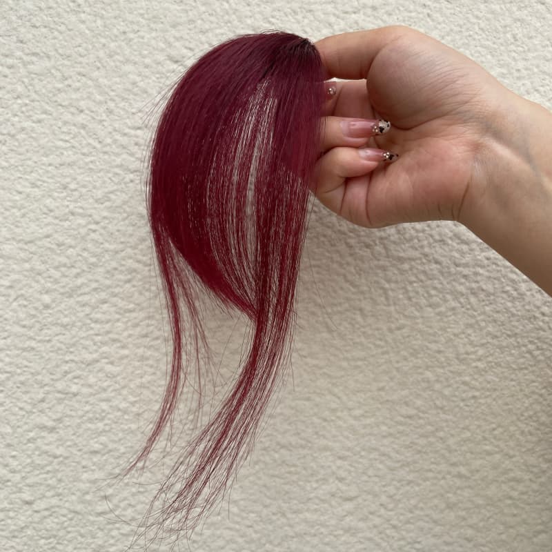 #99J burgundy human hair clip-in bangs with face-framing side strands
