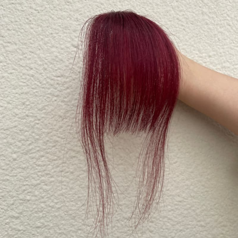#99J burgundy human hair clip-in bangs with face-framing side strands
