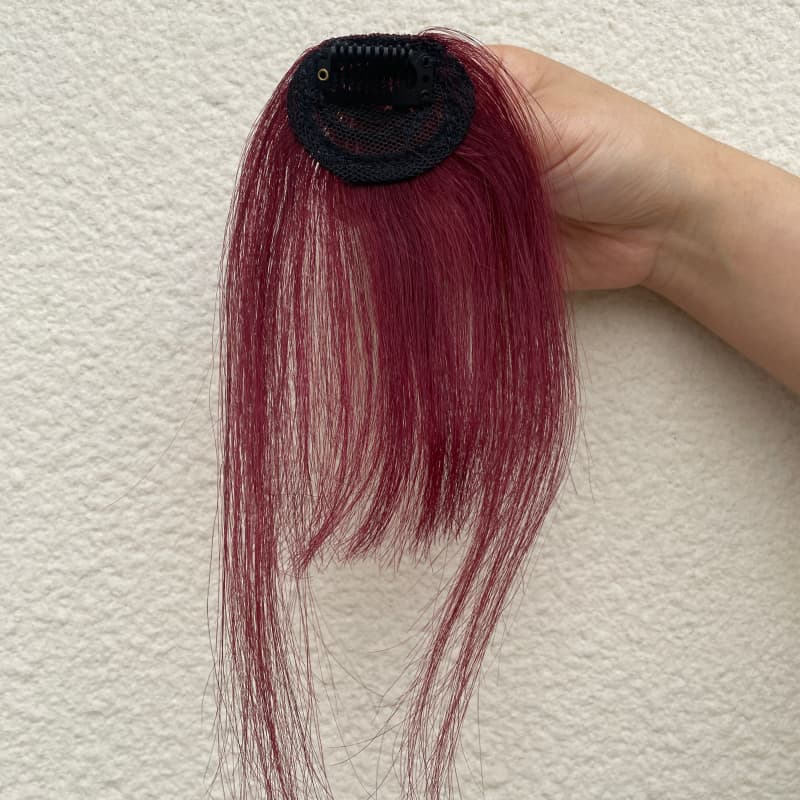 #99J burgundy fringe hairpiece compact mesh base and single clip detail
